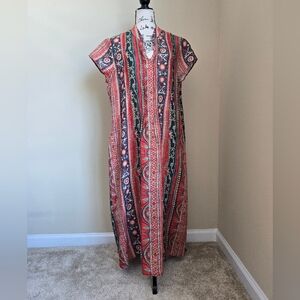 Peruvian Connection Linen Tamarind Dress Womens L Midi Short Sleeve Lightweight